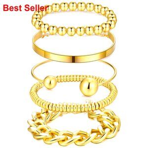 5-Piece Adjustable Metal Bracelet Set, Stackable Chunky Cuff Bangles